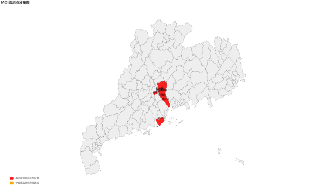 廣東省2024年4月下半月成蚊密度MOI高密度監(jiān)測點所在地區(qū)。圖片來源：廣東省疾病預防控制中心官方微信（高密度是指MOI >20，紅色代表該地區(qū)已有高密度監(jiān)測點）